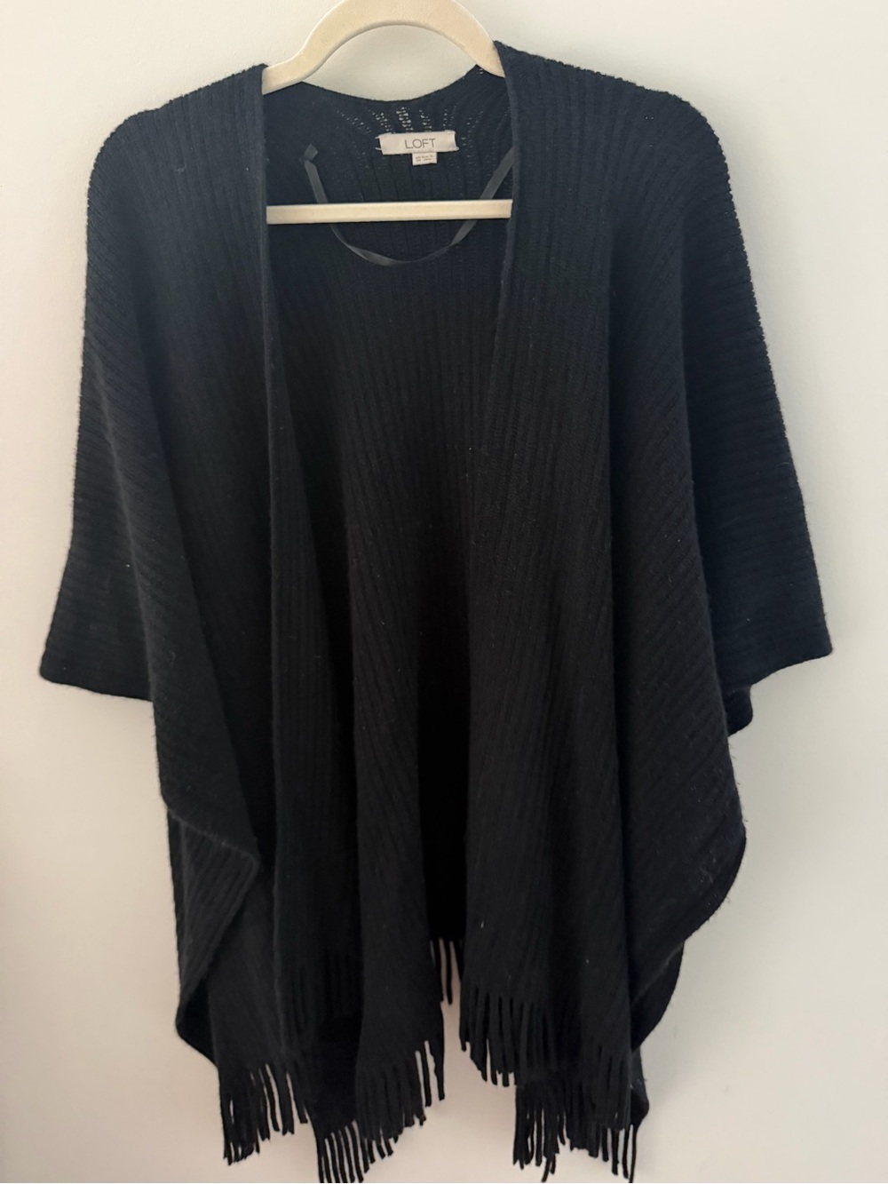 LOFT Black Knit Fringe Poncho Cardigan One Size